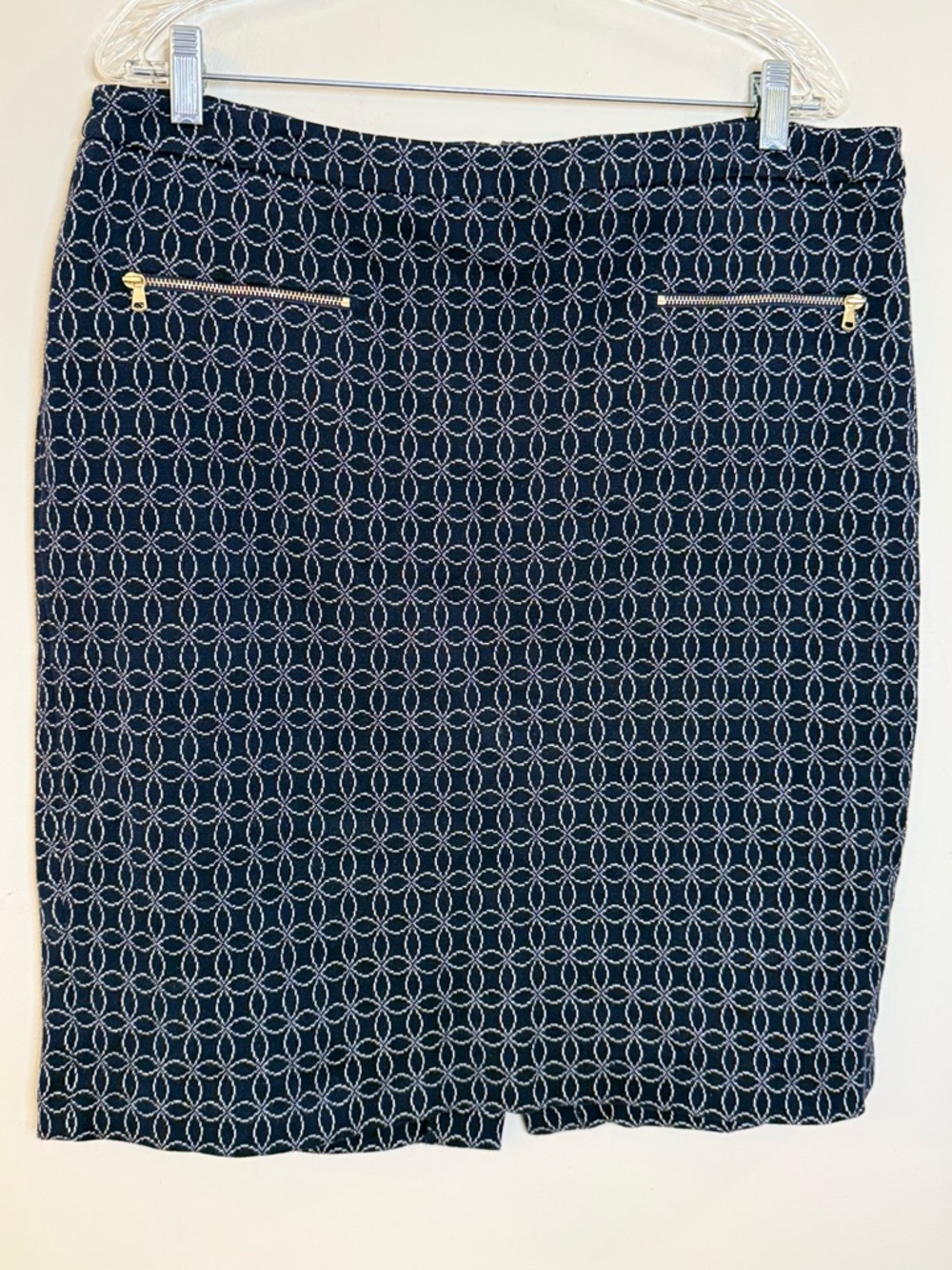Talbots Navy Blue Patterned Mini Skirt with Gold Zippers